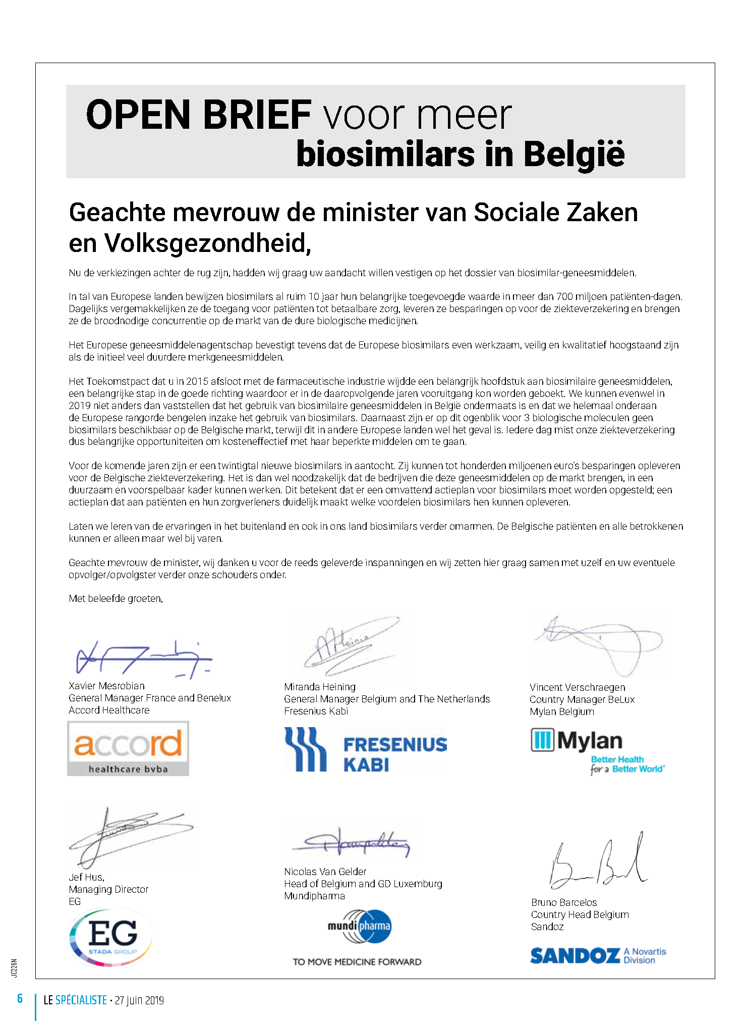 De Specialist open brief Medaxes leden biosimilars